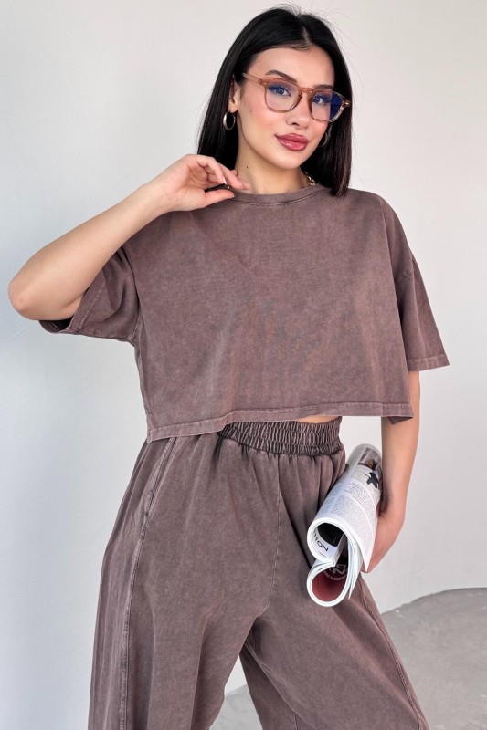 TKM-0057 Kahverengi Crop Tişört Şalvar Pantolon İkili Takım - 2