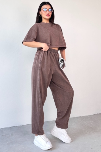 TKM-0057 Kahverengi Crop Tişört Şalvar Pantolon İkili Takım - 4