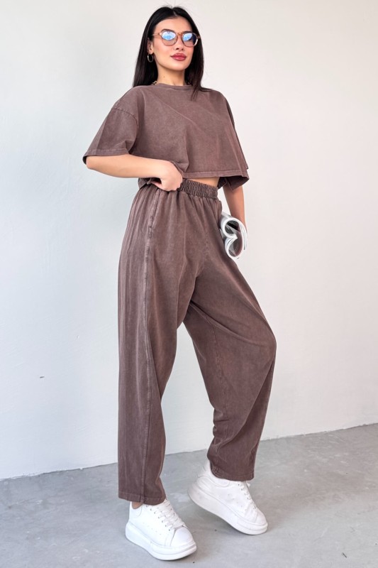 TKM-0057 Kahverengi Crop Tişört Şalvar Pantolon İkili Takım - 4