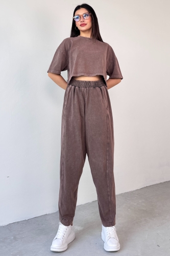 TKM-0057 Kahverengi Crop Tişört Şalvar Pantolon İkili Takım - 5
