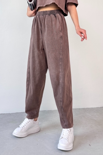 TKM-0057 Kahverengi Crop Tişört Şalvar Pantolon İkili Takım - 9