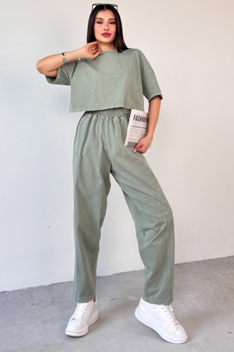 TKM-0057 Mint Yeşili Crop Tişört Şalvar Pantolon İkili Takım 
