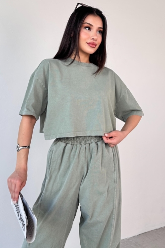 TKM-0057 Mint Yeşili Crop Tişört Şalvar Pantolon İkili Takım - 2