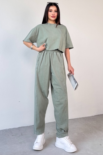 TKM-0057 Mint Yeşili Crop Tişört Şalvar Pantolon İkili Takım - 5