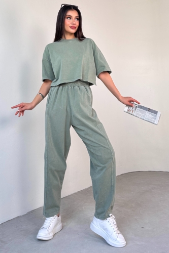 TKM-0057 Mint Yeşili Crop Tişört Şalvar Pantolon İkili Takım - 6