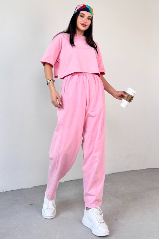 TKM-0057 Pembe Crop Tişört Şalvar Pantolon İkili Takım - 3