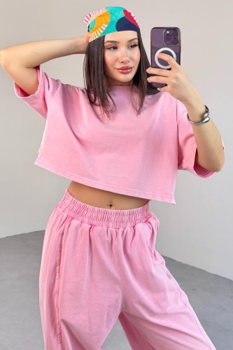TKM-0057 Pembe Crop Tişört Şalvar Pantolon İkili Takım - 4