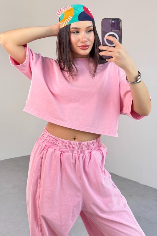TKM-0057 Pembe Crop Tişört Şalvar Pantolon İkili Takım - 4
