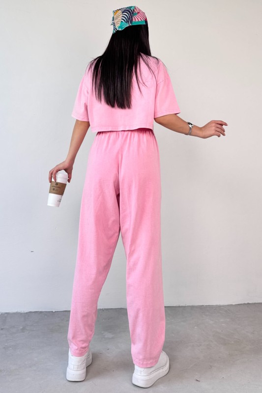 TKM-0057 Pembe Crop Tişört Şalvar Pantolon İkili Takım - 5