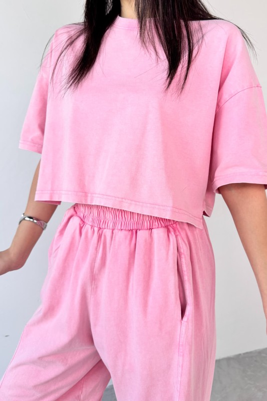 TKM-0057 Pembe Crop Tişört Şalvar Pantolon İkili Takım - 6