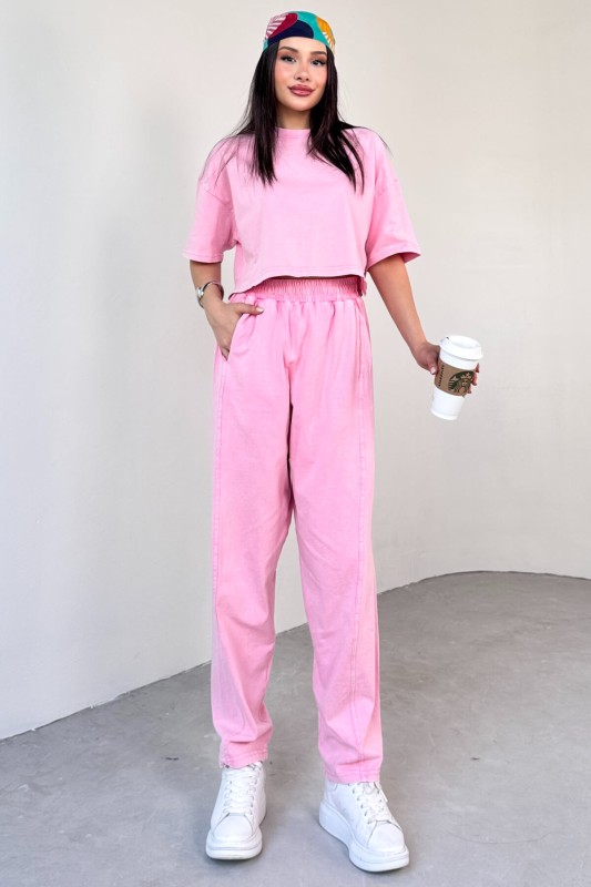 TKM-0057 Pembe Crop Tişört Şalvar Pantolon İkili Takım - 7