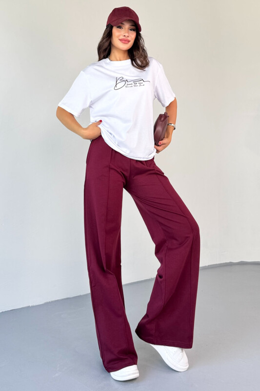 TKM-0065 Bordo Touch The Soul Yazılı Enjeksiyon Baskılı Tişört Salaş Pantolon İkili Takım - 1