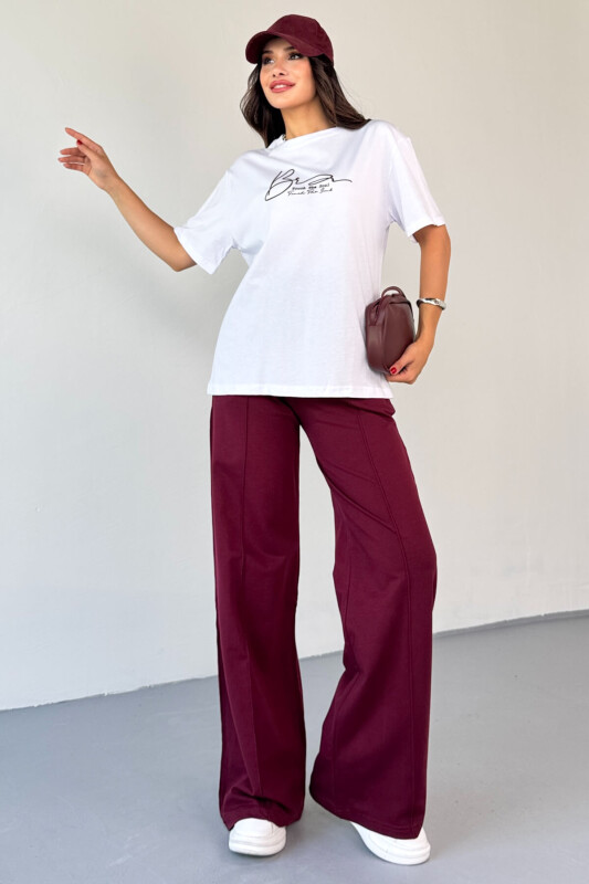 TKM-0065 Bordo Touch The Soul Yazılı Enjeksiyon Baskılı Tişört Salaş Pantolon İkili Takım - 4
