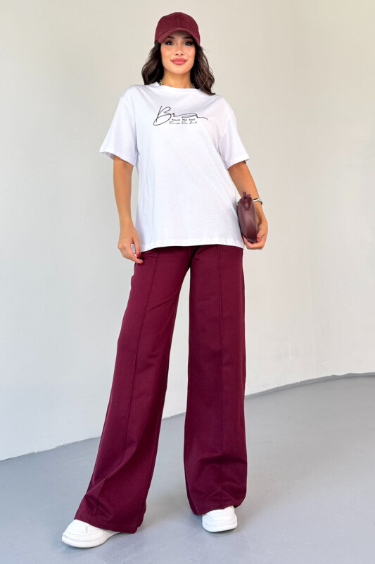 TKM-0065 Bordo Touch The Soul Yazılı Enjeksiyon Baskılı Tişört Salaş Pantolon İkili Takım - 5