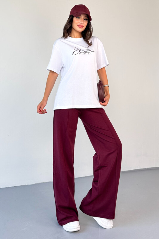 TKM-0065 Bordo Touch The Soul Yazılı Enjeksiyon Baskılı Tişört Salaş Pantolon İkili Takım - 7