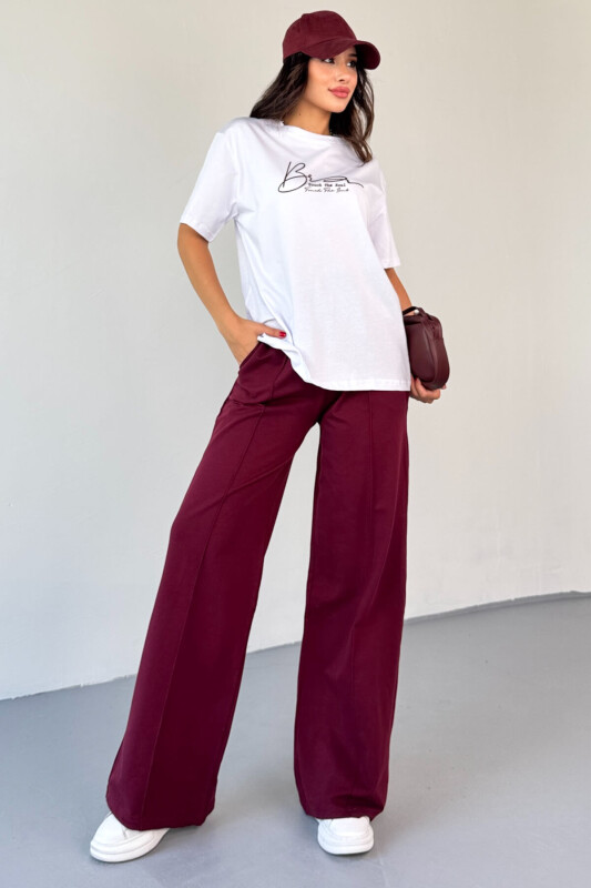 TKM-0065 Bordo Touch The Soul Yazılı Enjeksiyon Baskılı Tişört Salaş Pantolon İkili Takım - 8