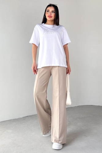 TKM-0065 Taş Rengi Touch The Soul Yazılı Enjeksiyon Baskılı Tişört Salaş Pantolon İkili Takım 