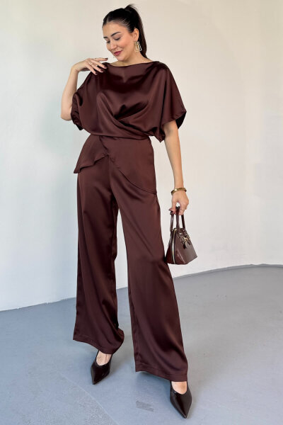 TKM-0298 Acı Kahve Kalın Saten Geniş Yaka Bağlama Detaylı İkili Takım - Cappmoda