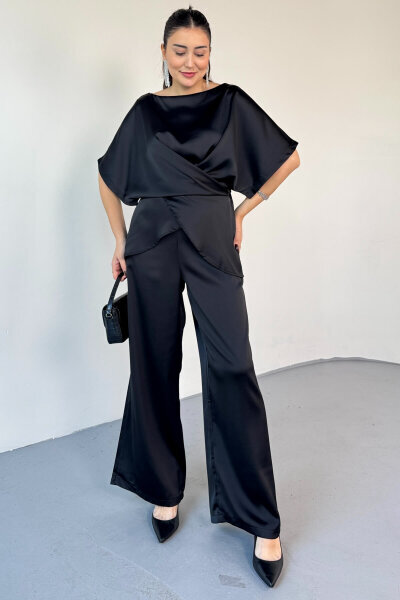 TKM-0298 Siyah Kalın Saten Geniş Yaka Bağlama Detaylı İkili Takım - Cappmoda