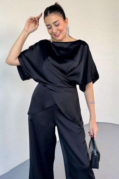 TKM-0298 Siyah Kalın Saten Geniş Yaka Bağlama Detaylı İkili Takım - Cappmoda (1)