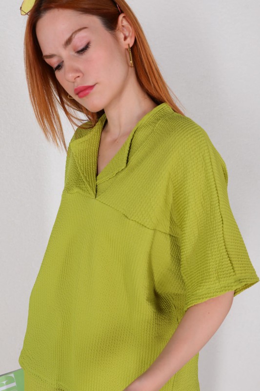 TKM-03449 Fıstık Yeşili V Yaka Bluz Pantolon Örme Bürümcük Kumaş İkili Takım - 6
