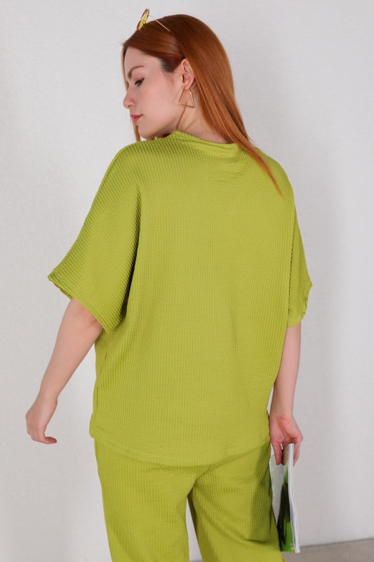 TKM-03449 Fıstık Yeşili V Yaka Bluz Pantolon Örme Bürümcük Kumaş İkili Takım - 7