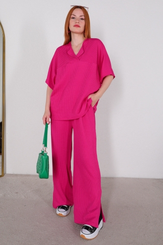 TKM-03449 Fuşya V Yaka Bluz Pantolon Örme Bürümcük Kumaş İkili Takım 