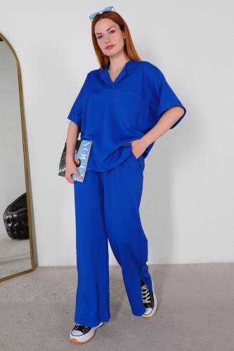TKM-03449 Saks Mavisi V Yaka Bluz Pantolon Örme Bürümcük Kumaş İkili Takım - 1
