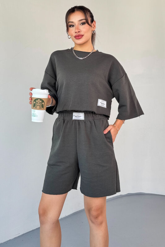 TKM-03597 Füme Etiket Detay Bisiklet Yaka Crop Tshırt Kısa Şort İkili Takım - 3