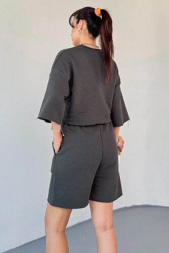 TKM-03597 Füme Etiket Detay Bisiklet Yaka Crop Tshırt Kısa Şort İkili Takım - 5