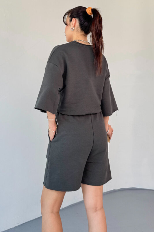 TKM-03597 Füme Etiket Detay Bisiklet Yaka Crop Tshırt Kısa Şort İkili Takım - 5