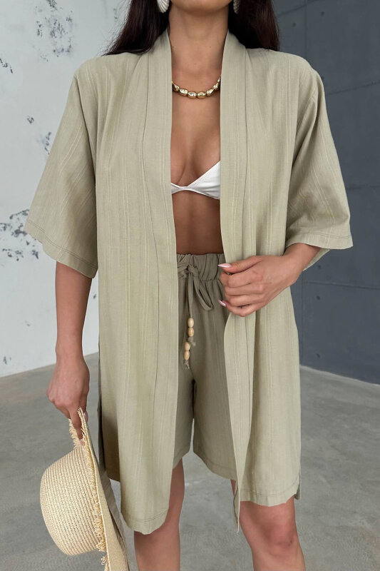TKM-03611 Haki Keten Kumaş Kısa Kollu Kimono Bağlamalı Kısa Şort İkili Takım - 3