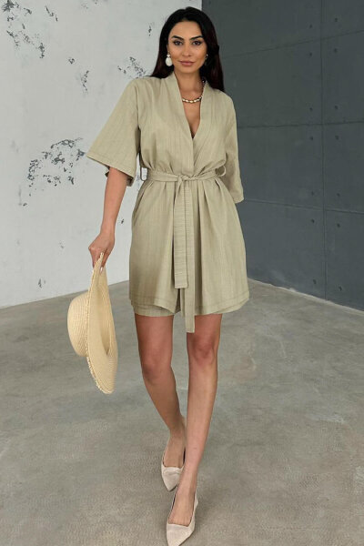 TKM-03611 Haki Keten Kumaş Kısa Kollu Kimono Bağlamalı Kısa Şort İkili Takım 