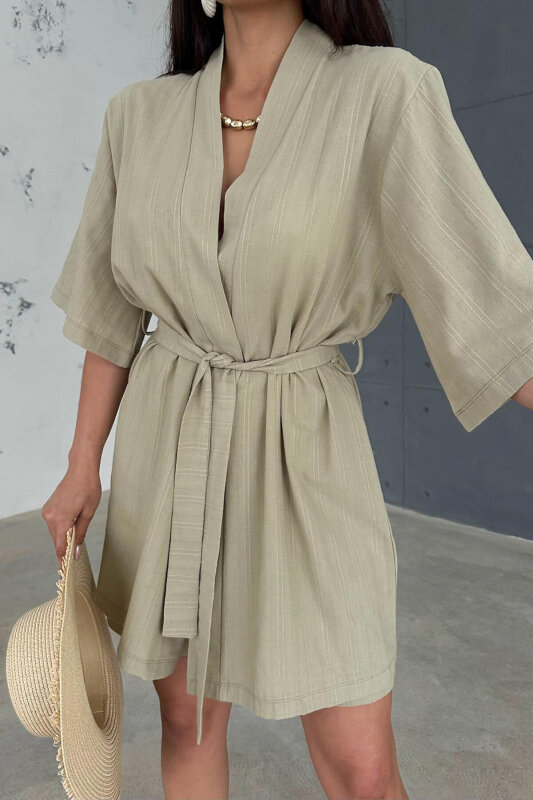 TKM-03611 Haki Keten Kumaş Kısa Kollu Kimono Bağlamalı Kısa Şort İkili Takım - 2
