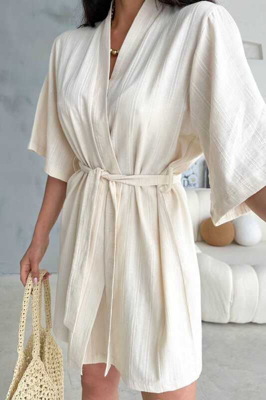TKM-03611 Krem Keten Kumaş Kısa Kollu Kimono Bağlamalı Kısa Şort İkili Takım - 3