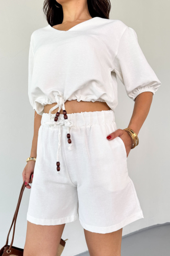 TKM-03613 Beyaz V Yaka Büzgülü Bluz Bağlamalı Şort Keten Kumaş İkili Takım - Cappmoda (1)