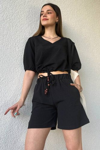 TKM-03613 Siyah V Yaka Büzgülü Bluz Bağlamalı Şort Keten Kumaş İkili Takım 