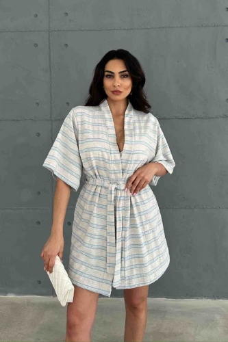 TKM-03618 Mavi Çizgili Keten Kumaş Kuşaklı Kimono Bel Lastikli Şort İkili Takım - 1