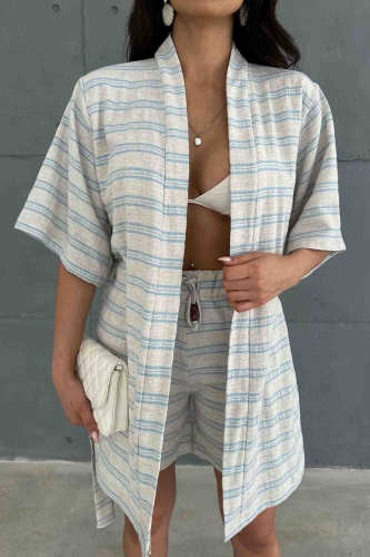 TKM-03618 Mavi Çizgili Keten Kumaş Kuşaklı Kimono Bel Lastikli Şort İkili Takım - 2