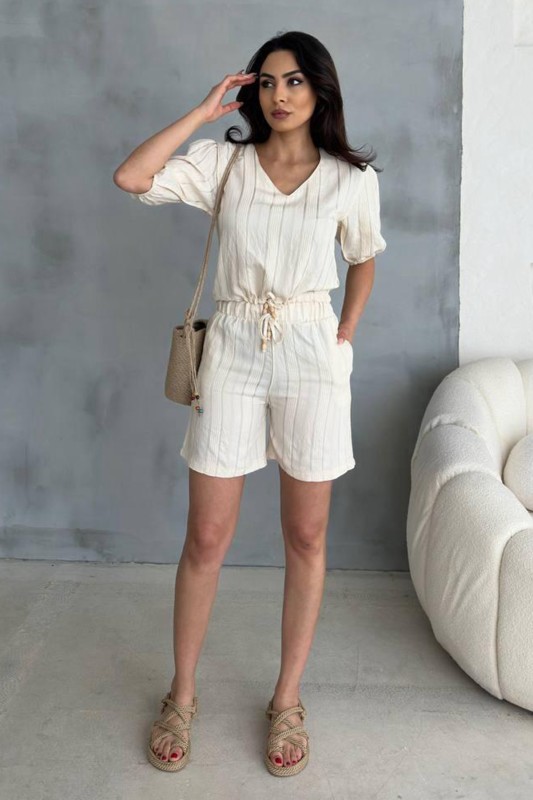 TKM-03621 Krem Yaldız Pamuk Kumaş Büzgülü Bluz Lastikli Şort İkili Takım - 6