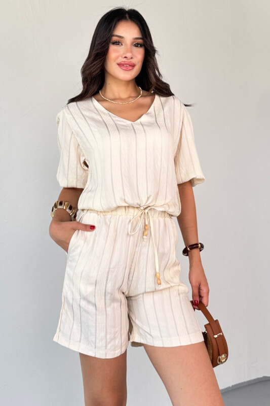 TKM-03621 Krem Yaldız Pamuk Kumaş Büzgülü Bluz Lastikli Şort İkili Takım - 4