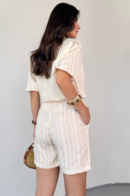 TKM-03621 Krem Yaldız Pamuk Kumaş Büzgülü Bluz Lastikli Şort İkili Takım - 3