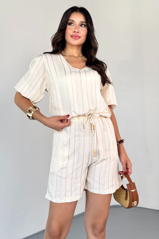 TKM-03621 Krem Yaldız Pamuk Kumaş Büzgülü Bluz Lastikli Şort İkili Takım - 1