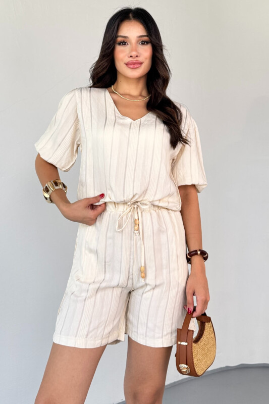 TKM-03621 Krem Yaldız Pamuk Kumaş Büzgülü Bluz Lastikli Şort İkili Takım - 2