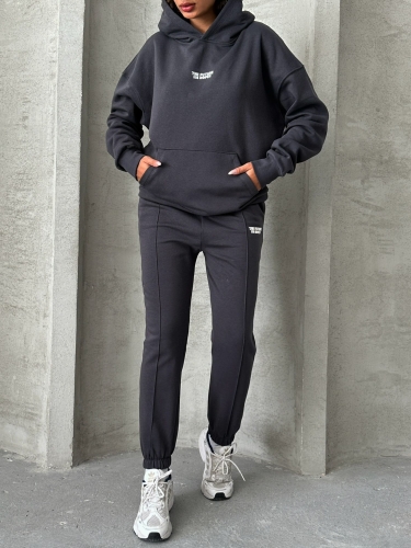 TKM-03624 Füme The Future Is Hope Yazılı Mevsimlik Kumaş Kapüşonlu Sweatshirt Çimalı Jogger İkili Takım - 1