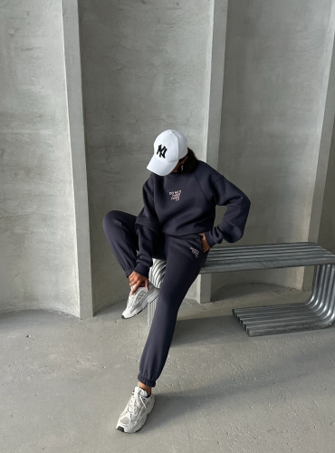 TKM-03626 Füme Do Not Over Think It Kabartma Yazı Baskılı Bisiklet Yaka Sweatshirt Jogger Üç İplik Şardonlu İkili Takım - 1