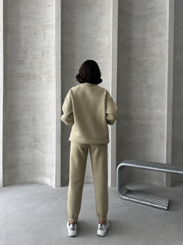 TKM-03626 Haki Do Not Over Think It Kabartma Yazı Baskılı Bisiklet Yaka Sweatshirt Jogger Üç İplik Şardonlu İkili Takım - 9