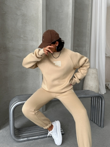 TKM-03626 Vizon Do Not Over Think It Kabartma Yazı Baskılı Bisiklet Yaka Sweatshirt Jogger Üç İplik Şardonlu İkili Takım 