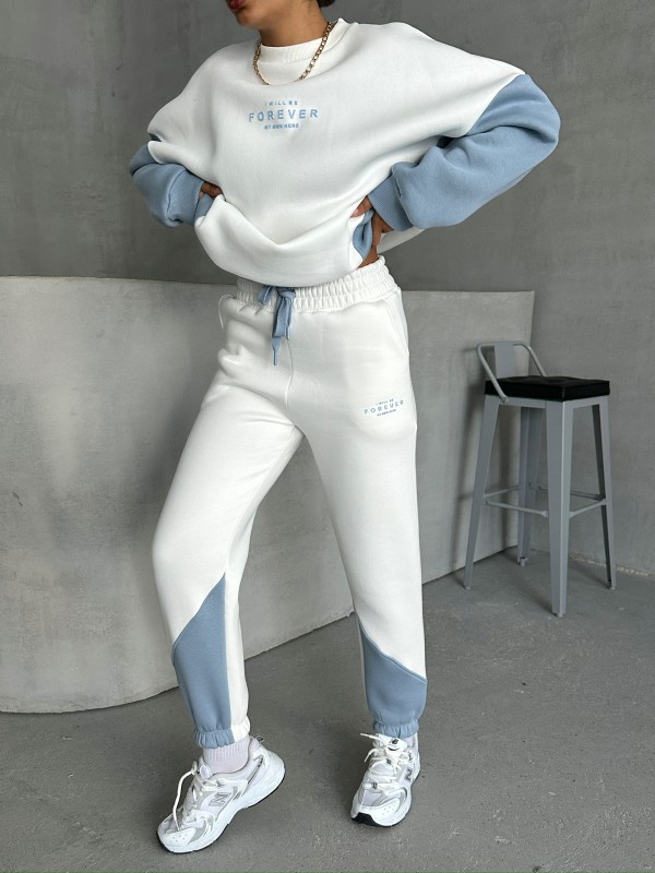 TKM-03628 Bebe Mavi Forever Yazı Baskılı Parçalı Salaş Sweat Jogger Üç İplik Şardonlu İkili Takım - 3
