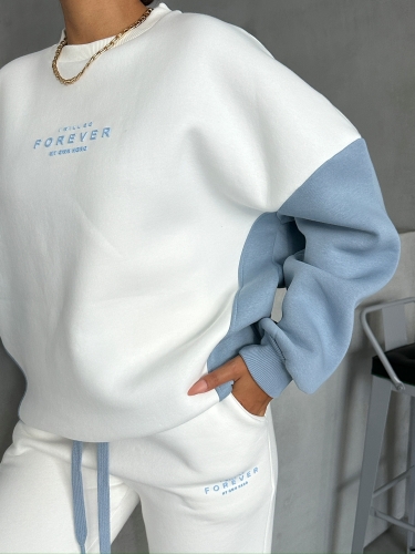 TKM-03628 Bebe Mavi Forever Yazı Baskılı Parçalı Salaş Sweat Jogger Üç İplik Şardonlu İkili Takım - 4